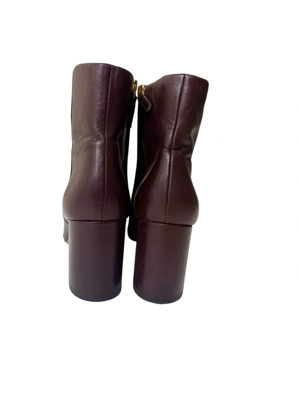 Tory Burch Burgundy Leather Block Heel Ankle Booties Gold Logo Heel Size 10.5M